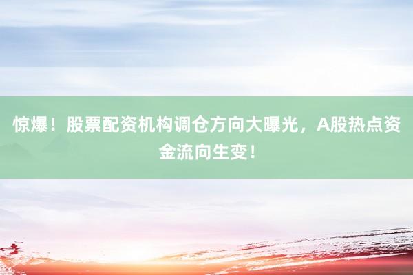 惊爆！股票配资机构调仓方向大曝光，A股热点资金流向生变！